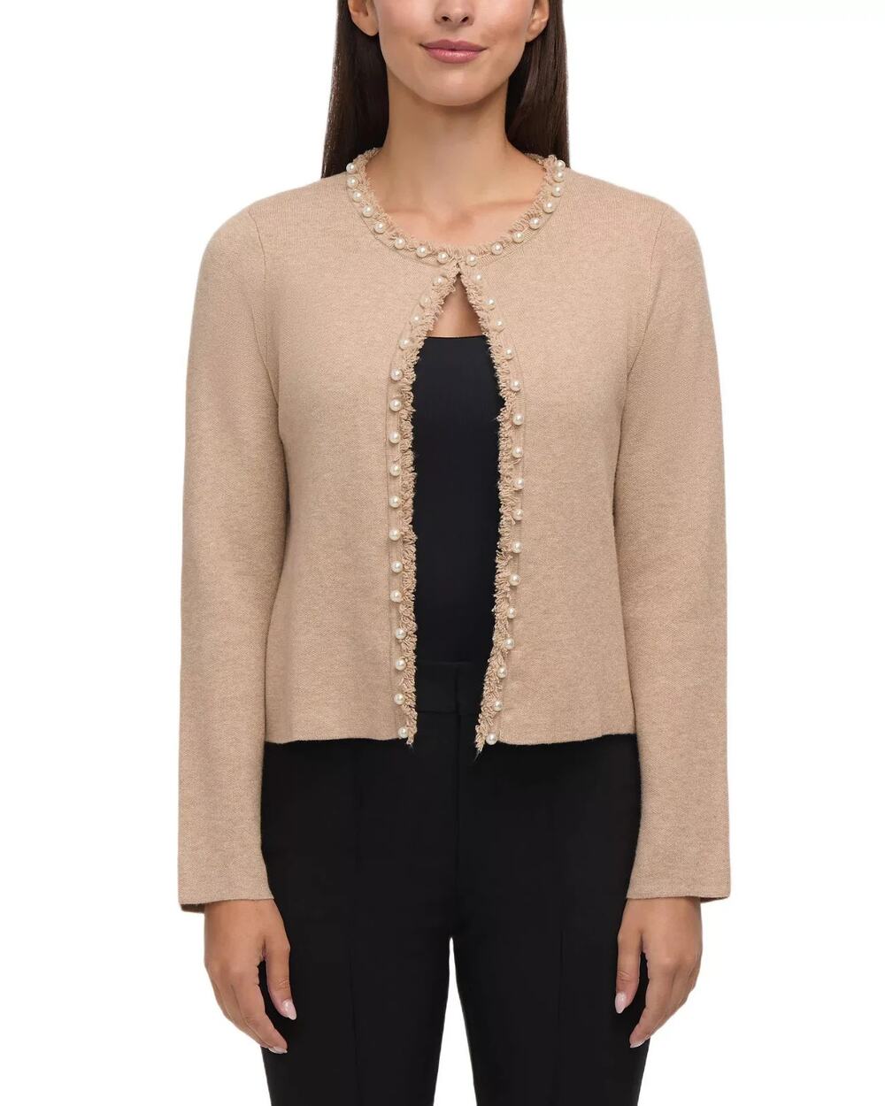 Ellen Tracy Women's Long Sleeve Open Cardigan with Pearl Trim Taupe Size XL 3994